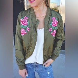 Green Floral Embroidered Bomber Jacket